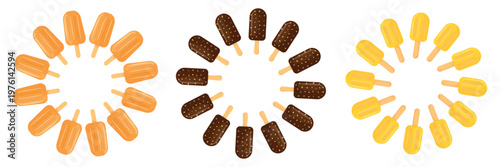 Set of round frames with colorful ice cream popsicles in different flavors, including chocolate, mango and fruit ice. Decorative circular borders isolated on white background.