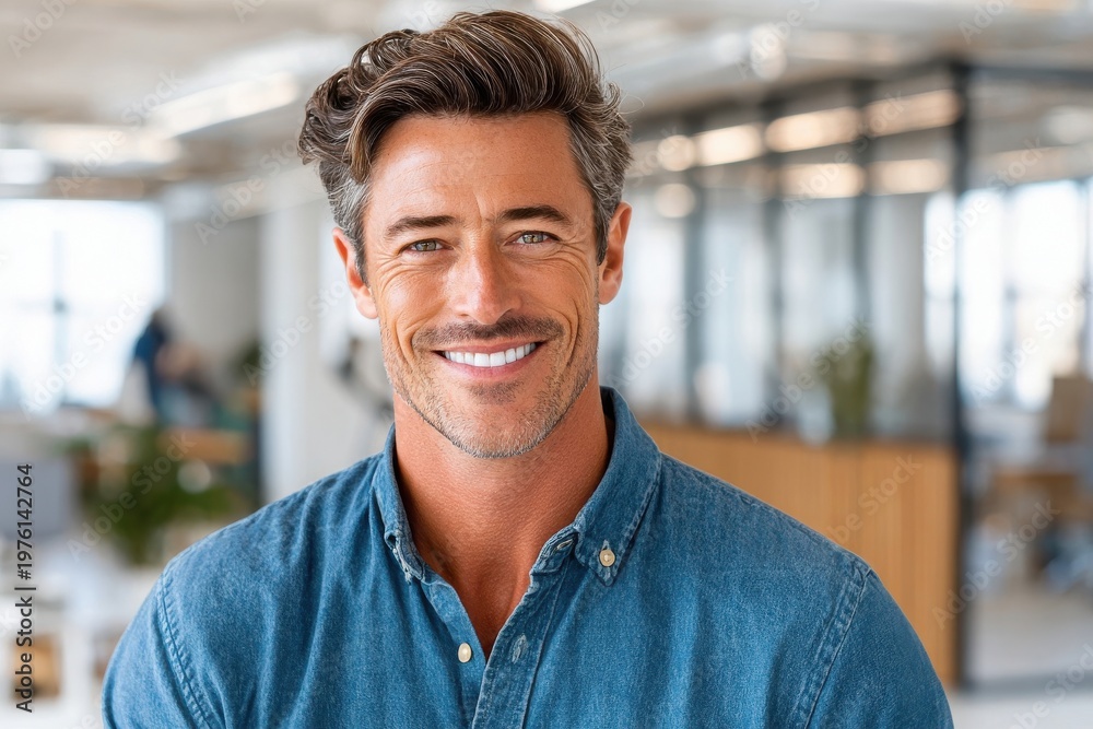 Obraz premium Portrait of a smiling professional man in a modern office - confident business headshot