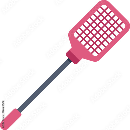 Simple pink fly swatter tool with grid pattern handle isolated on a clean white surface