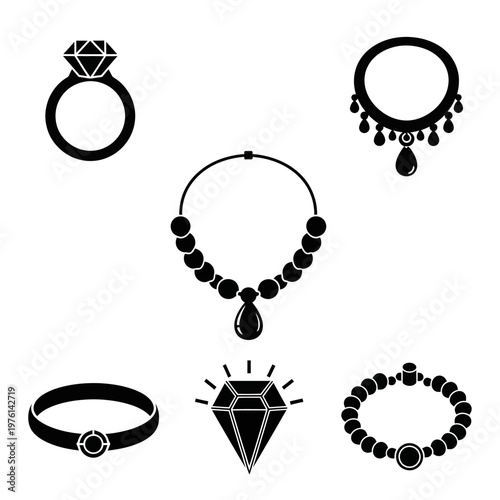 Set of Black Jewelry Icons: Rings, Necklaces, Bracelets, and Diamonds