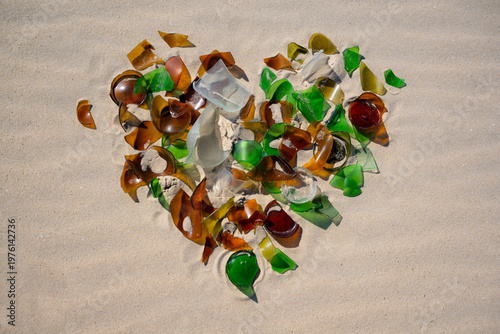 Принти на полотні A heart made of shards of glass, roughly polished by the sea’s currents and surf