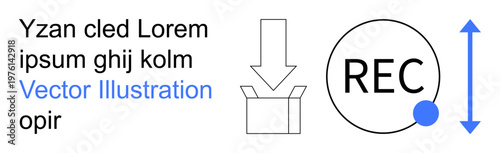 Instructional design, recording iconography, packaging symbols, technology concepts, user interface graphics, data communication. Diagram includes a box with an arrow, REC symbol, text and vertical