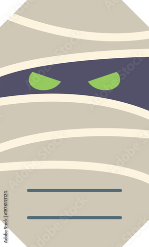Minimal flat illustration of a scary mummy face with glowing green eyes wrapped in bandages