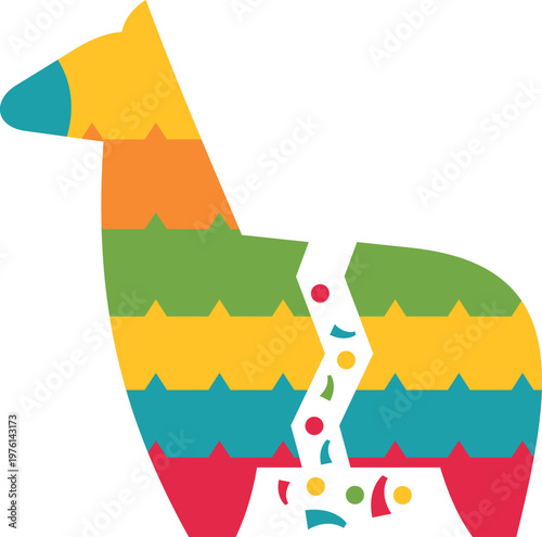 Brightly colored striped pinata cracked open with candy and confetti spilling out