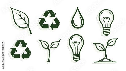 Eco-Friendly Iconography: An array of eco-conscious symbols that evoke ideas of recycling, sustainability, and renewable resources. Designed to represent the core values of environmental preservation.