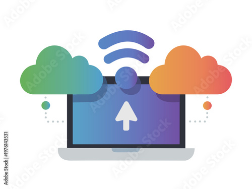 Cloud Data Upload with Wireless Connection – Modern Cloud Computing Flat Vector Illustration
