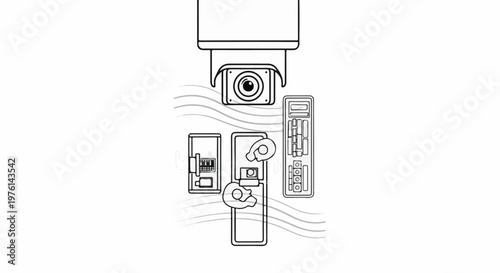 Overhead view of security camera watching over a server rack, a cash register, and a credit card terminal