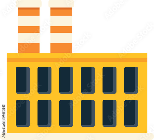 Bright flat design illustration of an industrial factory building with two striped smokestacks