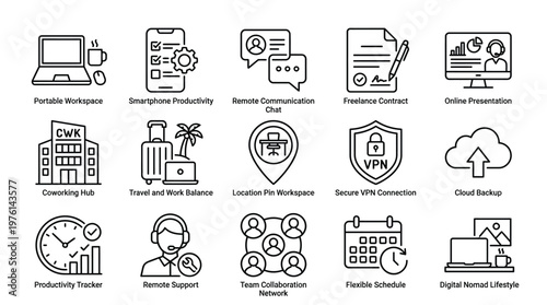 Collection of Icons Representing Remote Work and Digital Nomad Lifestyle Concepts.