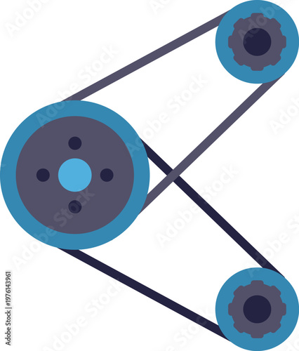Flat vector illustration showing an engine timing belt system with pulleys and gears