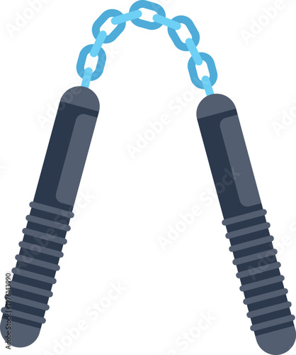 Illustration of a martial arts nunchaku featuring black handles and a blue chain connection