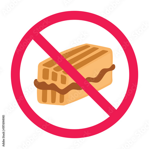 Grilled bread prohibited symbol, forbidden sign with roti bakar or indonesian toast icon, no bread sign, no toasted food, avoid processed food