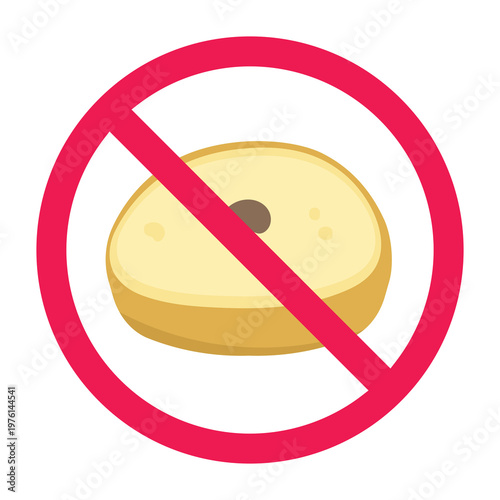 No sweet desserts sign, avoid sugary food, forbidden sign with soft custard cake or kue lumpur icon, high calorie food warning vector illustration
