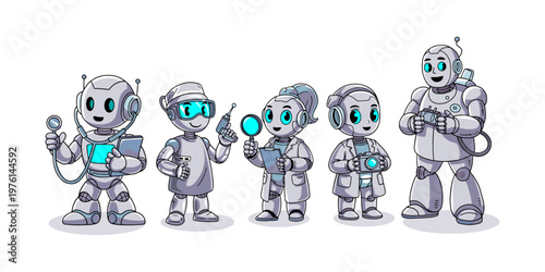 Cute Robot Characters Collection - Professional Robots in Different Occupations with Doctor Detective Photographer and Worker on White Background