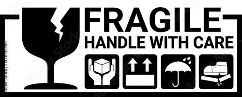 sticker fragile, handle with care in black and white color. use for delivery package sign and reminder for courier.