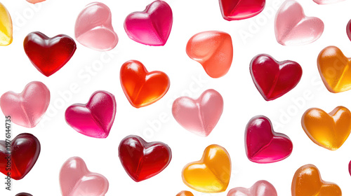 A colorful pattern of heart-shaped candies on transparent background