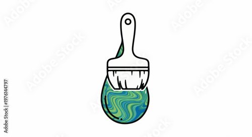 Paintbrush dipping into a colorful, swirled liquid drop