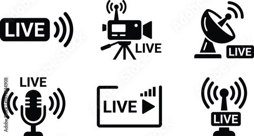 This collection of simple broadcast icons clearly illustrates the concept of live video and audio content transmission for online streaming services