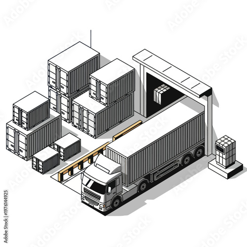Isometric View of Truck and Cargo Containers at a Shipping Yard.