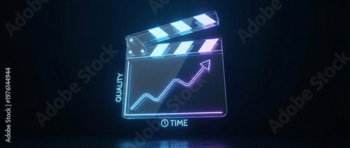Futuristic digital movie clapperboard with neon blue glowing edges and a rising analytics chart symbolizing AI in film