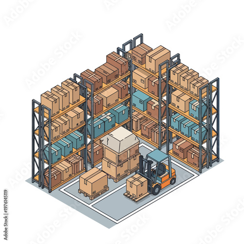 Isometric Warehouse Scene with Forklift and Shelves Full of Boxes.