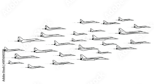 Military Jet Formation Flying in Clear Blue Sky, Aerial View