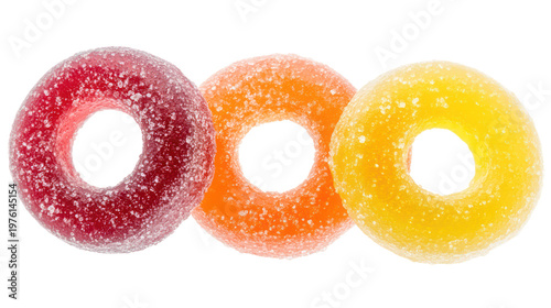 Three colorful sugar-coated donuts on transparent background