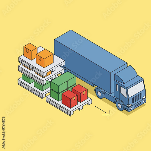 Isometric Truck Loading Pallets with Boxes for Delivery.