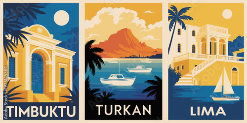 Retro travel posters with Warm sunsets glow over ancient architecture and calm seas. Vibrant hues paint serene coastal towns and grand mansions. Palms sway beside boats, inviting travelers to explore