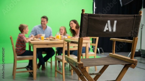 A film set with a happy family in front of a green screen and a directors chair in the foreground with AI written on it, symbolizing AI film production