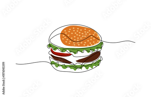 A stylized illustration of a hamburger with lettuce, tomato, and sesame seed bun