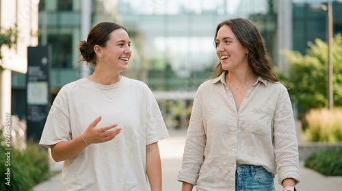 Two young women walking side by side outdoors in casual clothing in a relaxed urban street style lifestyle, uni campus scene