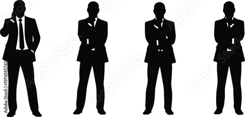 Businessman silhouette set in suit showing confident standing poses, corporate professional characters isolated on white background vector illustration