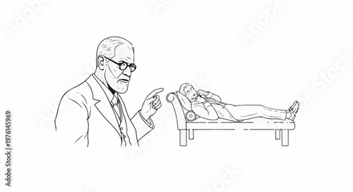 Psychiatrist points at patient on couch, black and white sketch