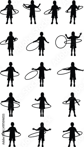 Kids playing with hula hoop silhouettes set children activity poses exercise fun movement isolated on white background vector illustration