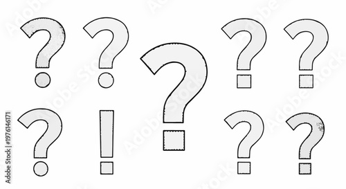 Question marks and an exclamation mark on a white background, varied styles