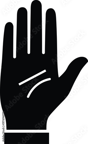 Palmistry hand silhouette icon showing palm lines, fortune telling concept, human hand symbol isolated on white background for design use