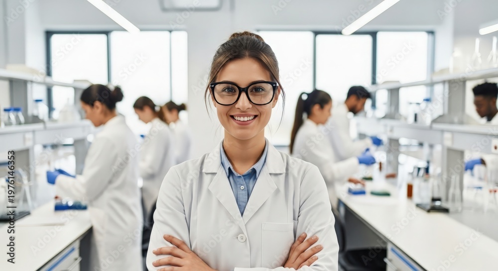 Fototapeta premium Confident scientist in a modern laboratory surrounded by colleagues