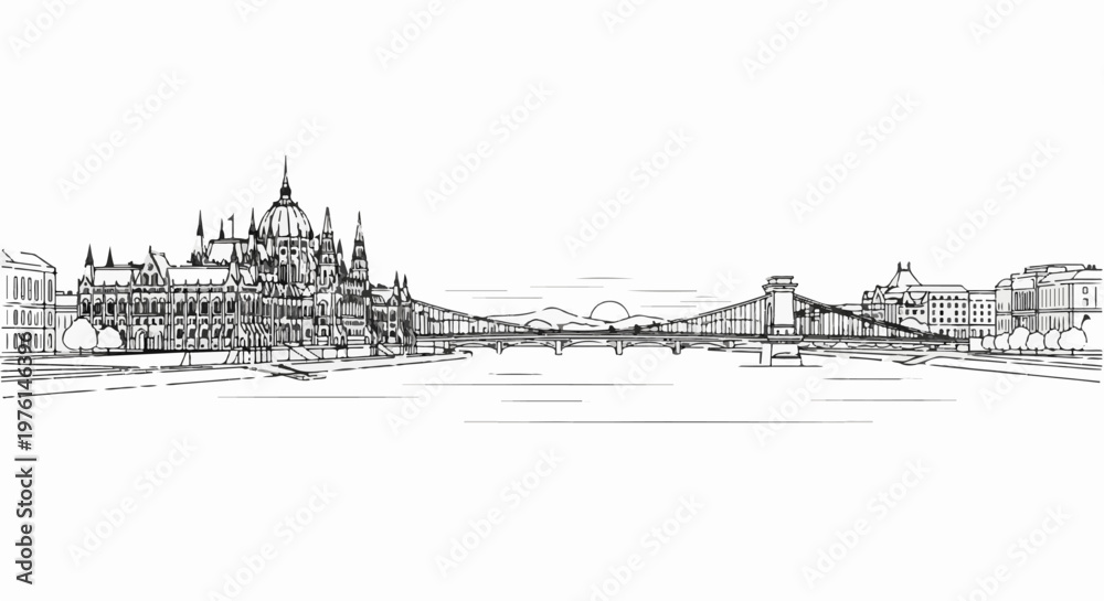 Fototapeta premium Panoramic sketch of majestic buildings, bridge, river, and distant hills at sunset