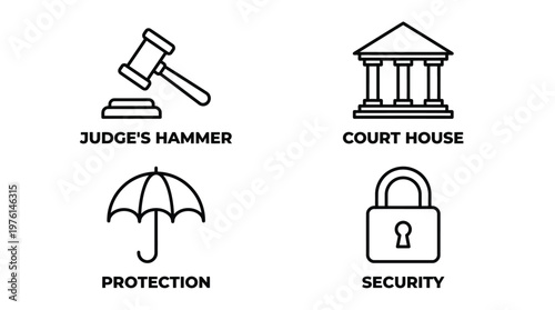 Law and Security Icons Set, Judge Hammer, Court House, Umbrella, Lock, Protection, Safety Symbols, Line Style, Black and White, Vector EPS, Legal, Business, Insurance Concepts