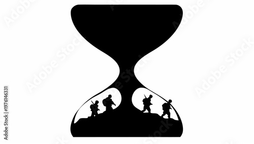 Warriors clash in hourglass battlefield scene with silhouettes symbolizing conflict and urgency in a surreal landscape