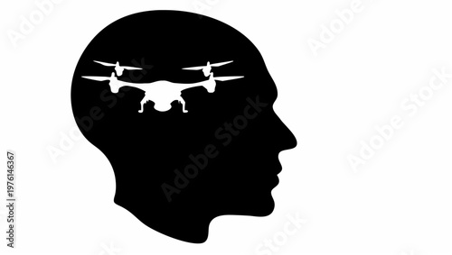 Drone swarm forms human head outline in sky with silhouette