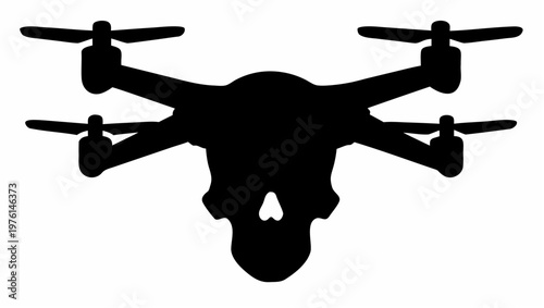 A sleek black drone silhouette flies through a clear blue sky with propellers spinning viewed from below showcasing modern technology and innovation in aerial robotics