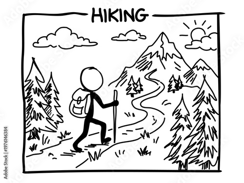 Hand-Drawn Hiking Stickman Sketch: Outdoor Adventure, Fitness Journey, and Mental Wellness Concept for Social Media, Blogs, and Storytelling.