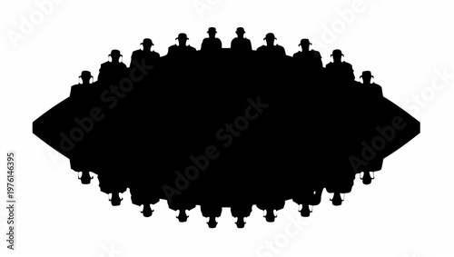 Silhouette of a large group of people arranged in a diamond shape formation on a white background conveying unity and teamwork