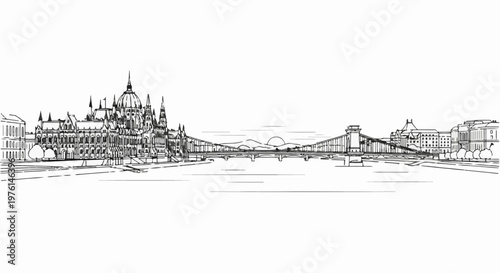 Panoramic sketch of majestic buildings, bridge, river, and distant hills at sunset