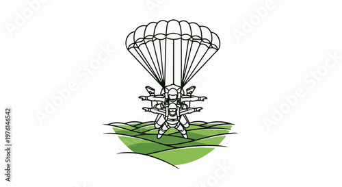 Parachutists in formation descending above rolling green hills, vector art