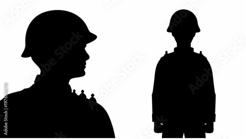 Two black silhouettes of soldiers in helmets standing against a white background representing military personnel or veterans with a somber mood and graphic illustration style