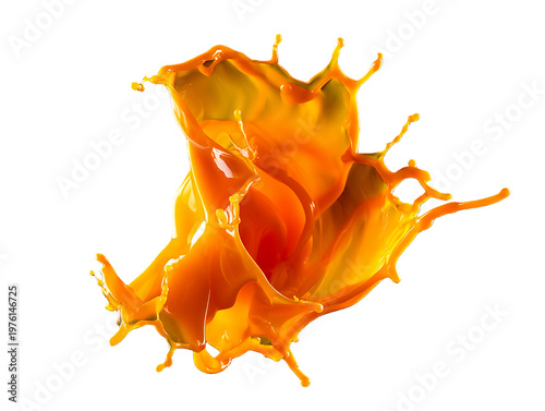 Dynamic Splash of Fresh Orange Liquid on White Background, capturing the energetic movement of a golden fluid