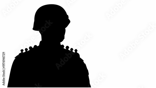 Silhouette of a soldier in uniform with helmet and epaulets on white background symbolizing military service and protection